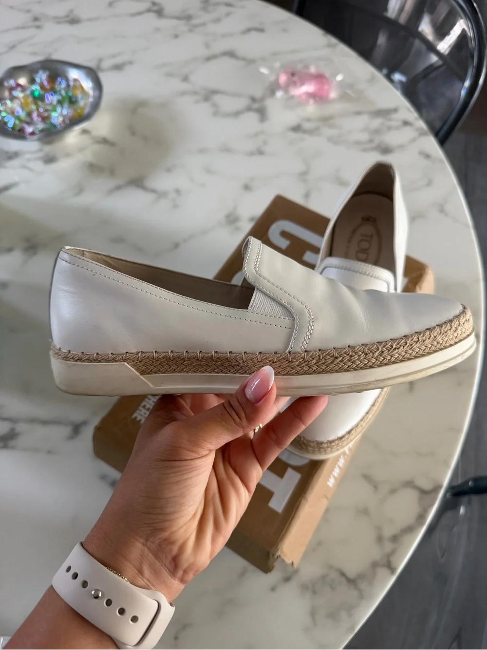 Tod's White Leather Slip-On Espadrille Mule